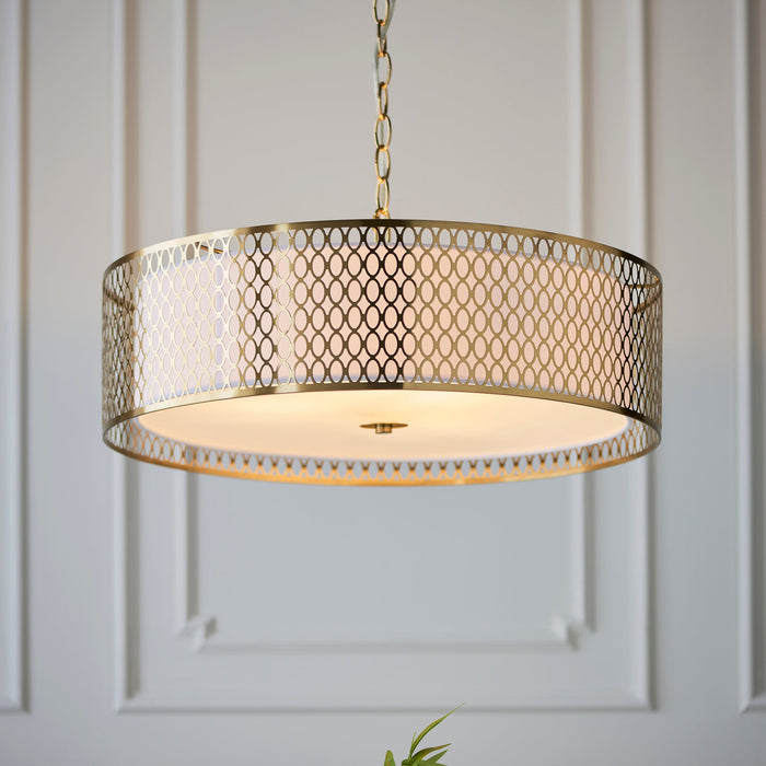 Endon 101569 Cordero 3lt Pendant Gold effect plate, white fabric & frosted glass 3 x 10W LED E27 (Required) - westbasedirect.com