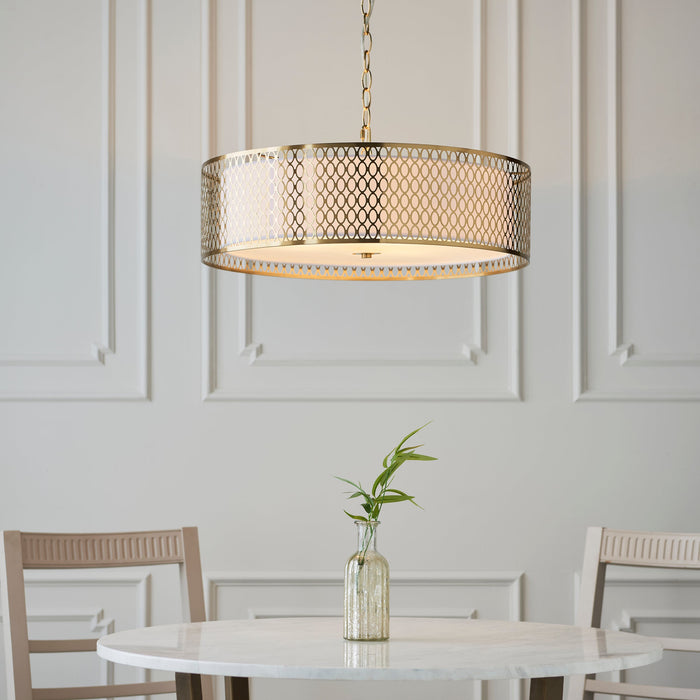 Endon 101569 Cordero 3lt Pendant Gold effect plate, white fabric & frosted glass 3 x 10W LED E27 (Required) - westbasedirect.com