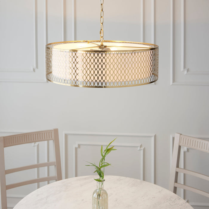 Endon 101569 Cordero 3lt Pendant Gold effect plate, white fabric & frosted glass 3 x 10W LED E27 (Required) - westbasedirect.com