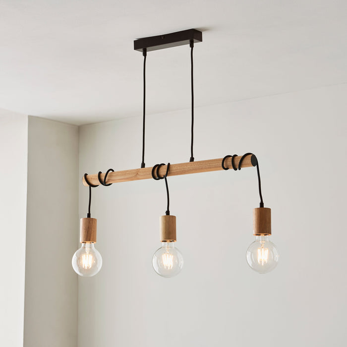 Endon 101678 Sven 3lt Pendant Matt black & natural wood 3 x 10W LED E27 (Required) - westbasedirect.com