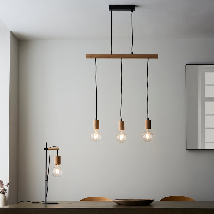 Endon 101678 Sven 3lt Pendant Matt black & natural wood 3 x 10W LED E27 (Required) - westbasedirect.com