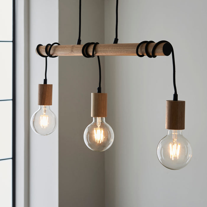 Endon 101678 Sven 3lt Pendant Matt black & natural wood 3 x 10W LED E27 (Required) - westbasedirect.com