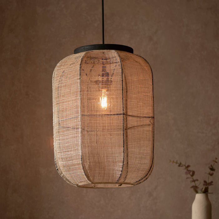 Endon 101689 Zaire 1lt Pendant Natural linen, dark plywood & matt black 10W LED E27 (Required) - westbasedirect.com