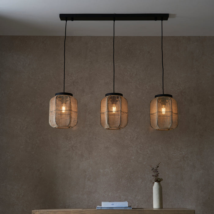 Endon 101779 Zaire 3lt Pendant Natural linen, dark plywood & matt black 3 x 10W LED E27 (Required) - westbasedirect.com