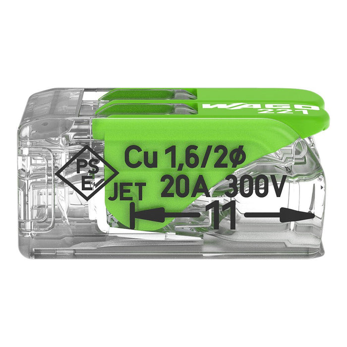Wago 221-422 4mm² 2-Way Compact Splicing Connector - Green (100 Full Box)