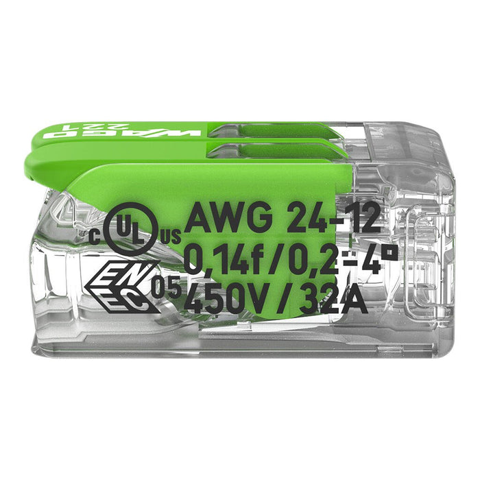 Wago 221-422 4mm² 2-Way Compact Splicing Connector - Green (100 Full Box)