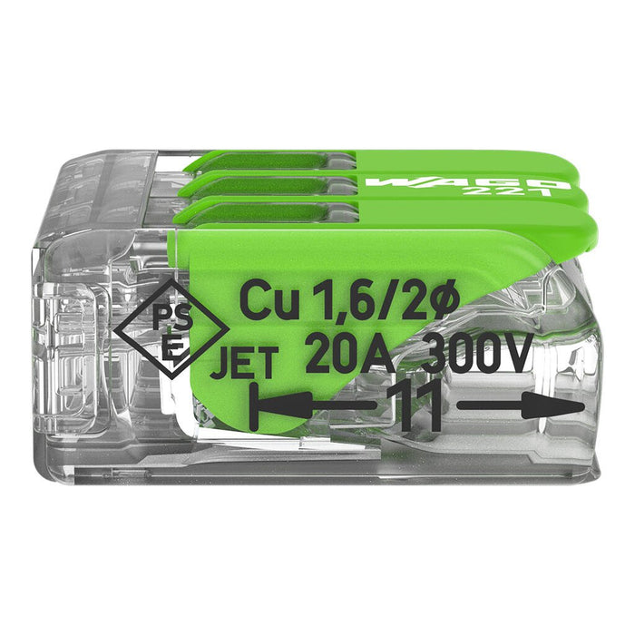 Wago 221-423 4mm² 3-Way Compact Splicing Connector - Green (50 Full Box)