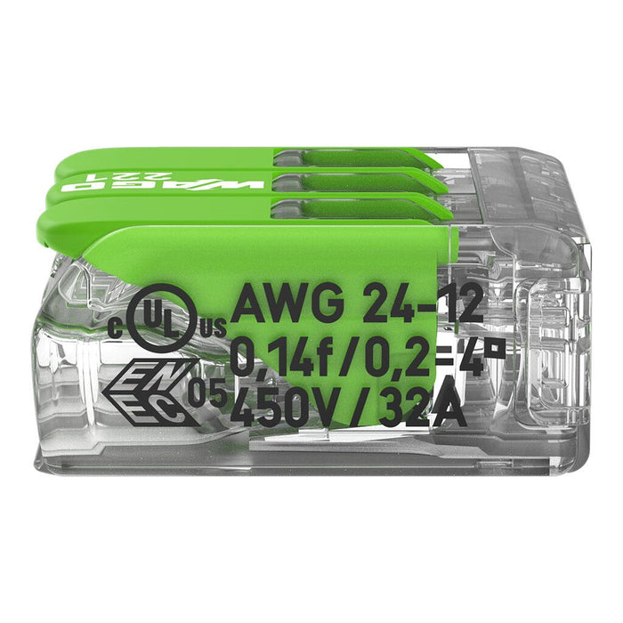 Wago 221-423 4mm² 3-Way Compact Splicing Connector - Green (50 Full Box)