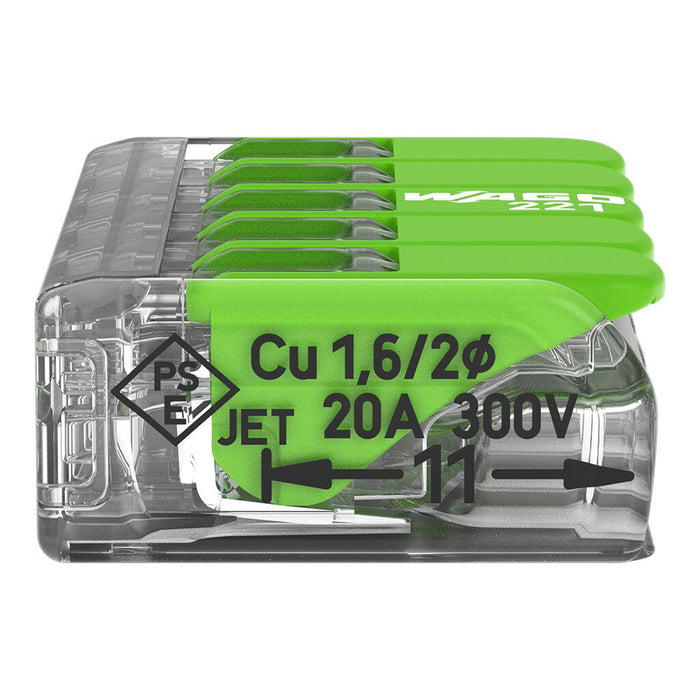 Wago 221-425 4mm² 5-Way Compact Splicing Connector - Green (25 Full Box)