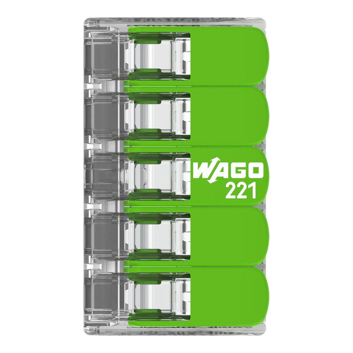 Wago 221-425 4mm² 5-Way Compact Splicing Connector - Green (25 Full Box)