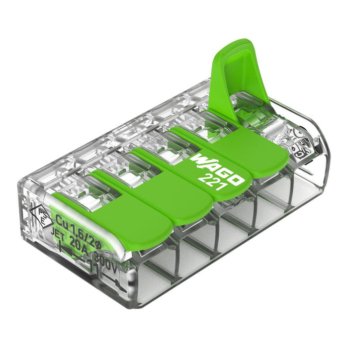 Wago 221-425 4mm² 5-Way Compact Splicing Connector - Green (25 Full Box)