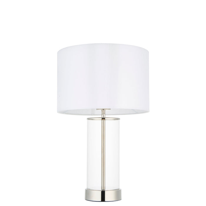 Endon 102674 Lessina 1lt Table Bright nickel plate, clear glass & vintage white fabric 10W LED E27 (Required) - westbasedirect.com