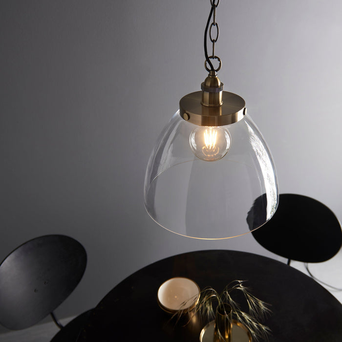 Endon 102926 Hansen Grand 1lt Pendant Antique brass plate & clear glass 10W LED E27 (Required) - westbasedirect.com