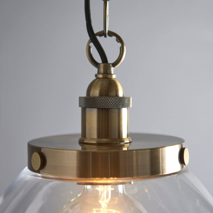 Endon 102926 Hansen Grand 1lt Pendant Antique brass plate & clear glass 10W LED E27 (Required) - westbasedirect.com