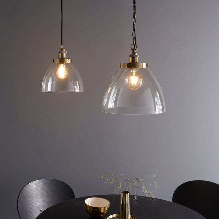 Endon 102926 Hansen Grand 1lt Pendant Antique brass plate & clear glass 10W LED E27 (Required) - westbasedirect.com