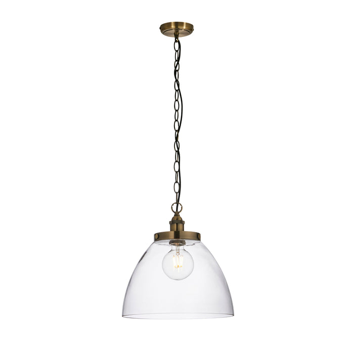 Endon 102926 Hansen Grand 1lt Pendant Antique brass plate & clear glass 10W LED E27 (Required) - westbasedirect.com