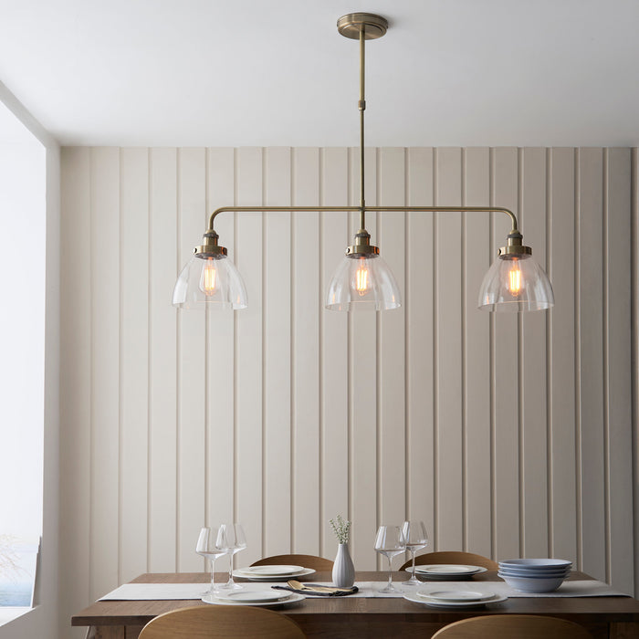 Endon 103014 Hansen 3lt Linear Pendant Antique brass plate & clear glass 3 x 10W LED E27 (Required)