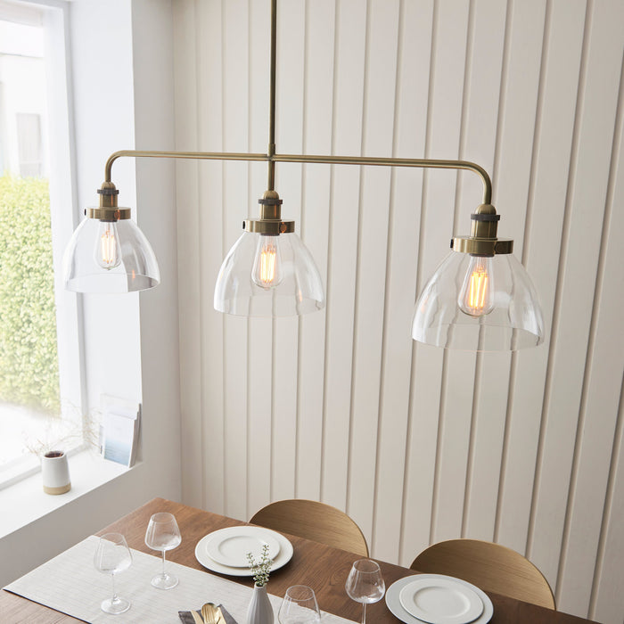 Endon 103014 Hansen 3lt Linear Pendant Antique brass plate & clear glass 3 x 10W LED E27 (Required)