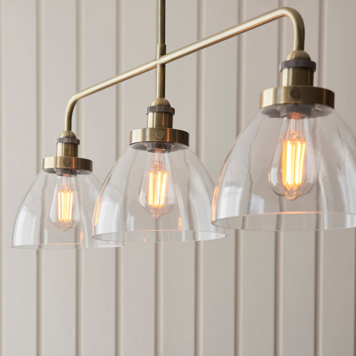 Endon 103014 Hansen 3lt Linear Pendant Antique brass plate & clear glass 3 x 10W LED E27 (Required)