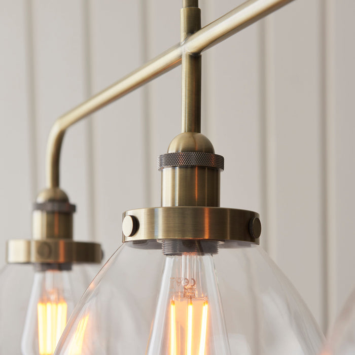 Endon 103014 Hansen 3lt Linear Pendant Antique brass plate & clear glass 3 x 10W LED E27 (Required)