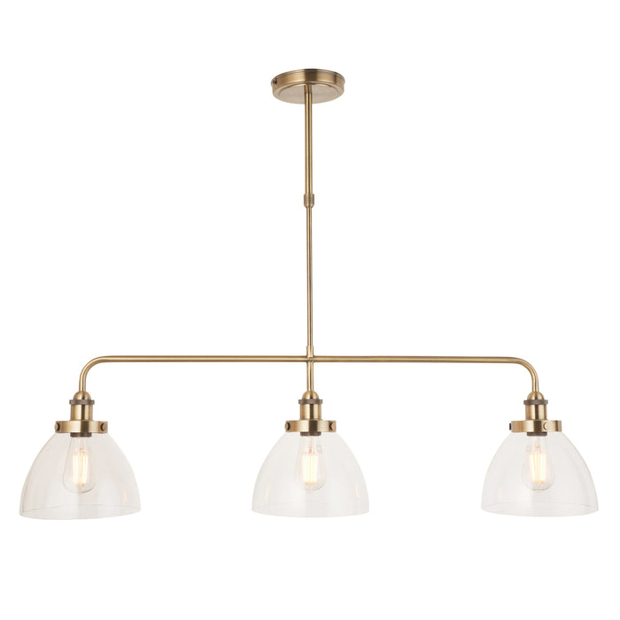 Endon 103014 Hansen 3lt Linear Pendant Antique brass plate & clear glass 3 x 10W LED E27 (Required)