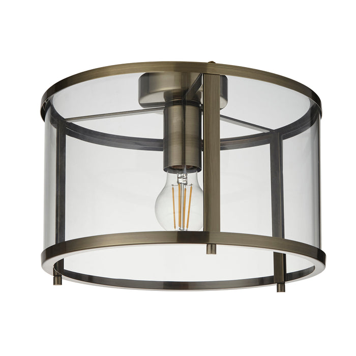 Endon 103112 Hopton 1lt Flush Antique brass plate & clear glass 10W LED E27 (Required) - westbasedirect.com