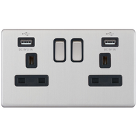 Selectric 5MPLUS-261 5M-PLUS Screwless 2 Gang 13A Switched Socket Outlet with 2x USB Type-A (2.1A/1A) - Satin Chrome, Black Insert