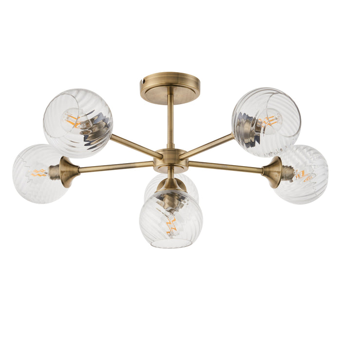 Endon 103171 Allegra 6lt Semi flush Antique brass plate & clear spiral glass 6 x 7W LED E14 (Required) - westbasedirect.com