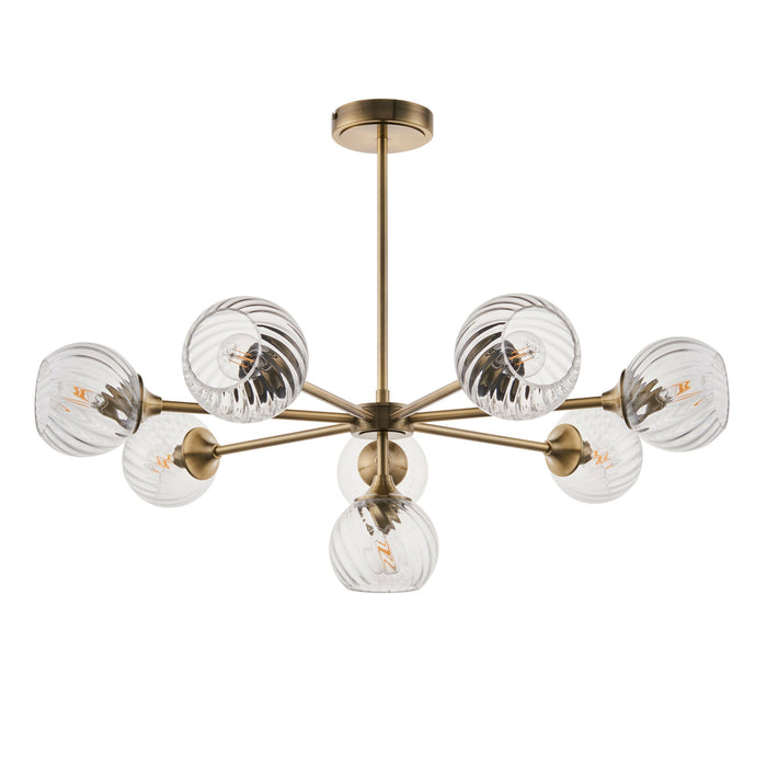 Endon 103172 Allegra 8lt Pendant Antique brass plate & clear spiral glass 8 x 7W LED E14 (Required) - westbasedirect.com