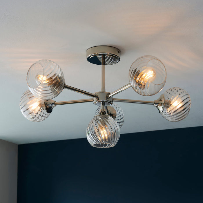 Endon 104050 Allegra 6lt Semi flush Bright nickel plate & clear spiral glass 6 x 7W LED E14 (Required) - westbasedirect.com