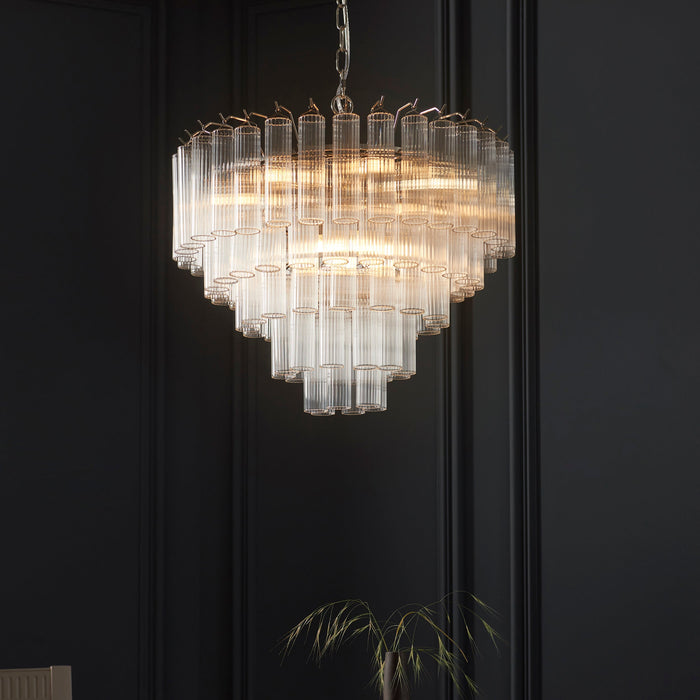 Endon 104090 Toulouse 12lt Pendant Bright nickel plate & clear ribbed glass 12 x 3W LED G9 (Required) - westbasedirect.com