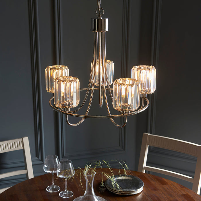 Endon 104108 Berenice 5lt Pendant Bright nickel plate & clear glass 5 x 6W LED E14 (Required) - westbasedirect.com