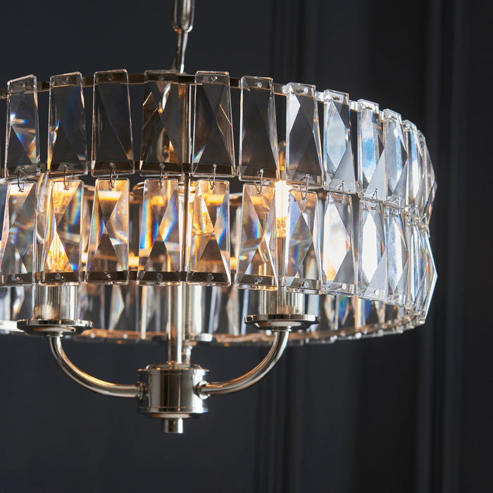 Endon 104466 Clifton 3lt Pendant Bright nickel plate & clear crystal glass 3 x 6W LED E14 (Required) - westbasedirect.com