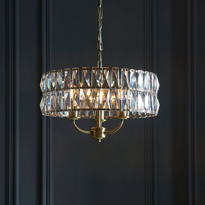 Endon 106243 Clifton 3lt Pendant Antique brass plate & clear crystal glass 3 x 6W LED E14 (Required) - westbasedirect.com