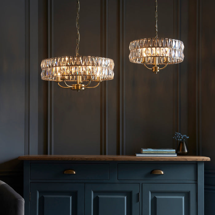 Endon 106243 Clifton 3lt Pendant Antique brass plate & clear crystal glass 3 x 6W LED E14 (Required) - westbasedirect.com