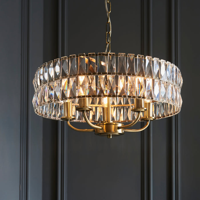 Endon 106244 Clifton 5lt Pendant Antique brass plate & clear crystal glass 5 x 6W LED E14 (Required) - westbasedirect.com