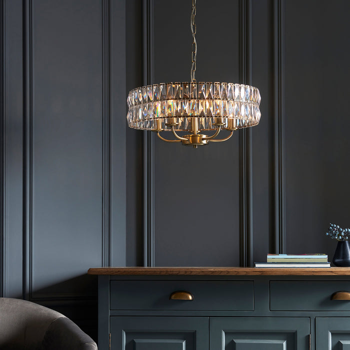 Endon 106244 Clifton 5lt Pendant Antique brass plate & clear crystal glass 5 x 6W LED E14 (Required) - westbasedirect.com