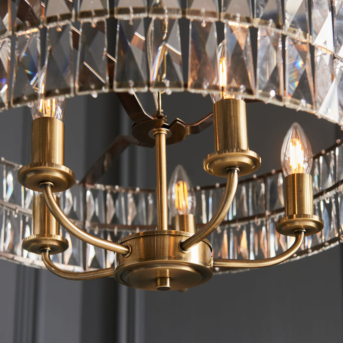 Endon 106244 Clifton 5lt Pendant Antique brass plate & clear crystal glass 5 x 6W LED E14 (Required) - westbasedirect.com