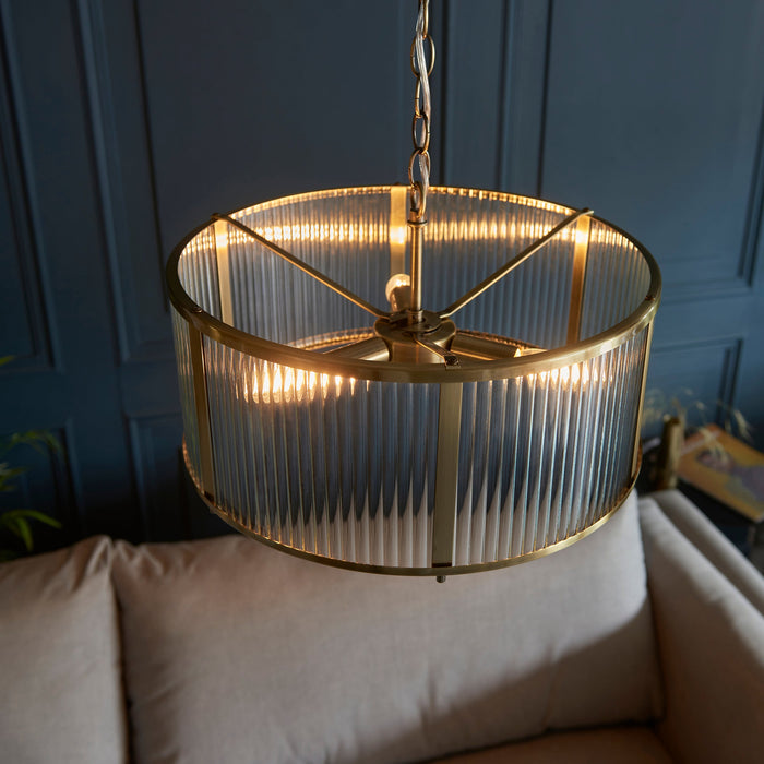 Endon 106282 Ridgeton 3lt Pendant Antique brass plate & clear ribbed glass 3 x 6W LED E14 (Required) - westbasedirect.com