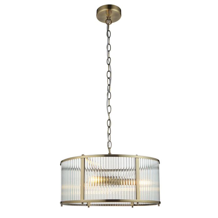 Endon 106282 Ridgeton 3lt Pendant Antique brass plate & clear ribbed glass 3 x 6W LED E14 (Required) - westbasedirect.com