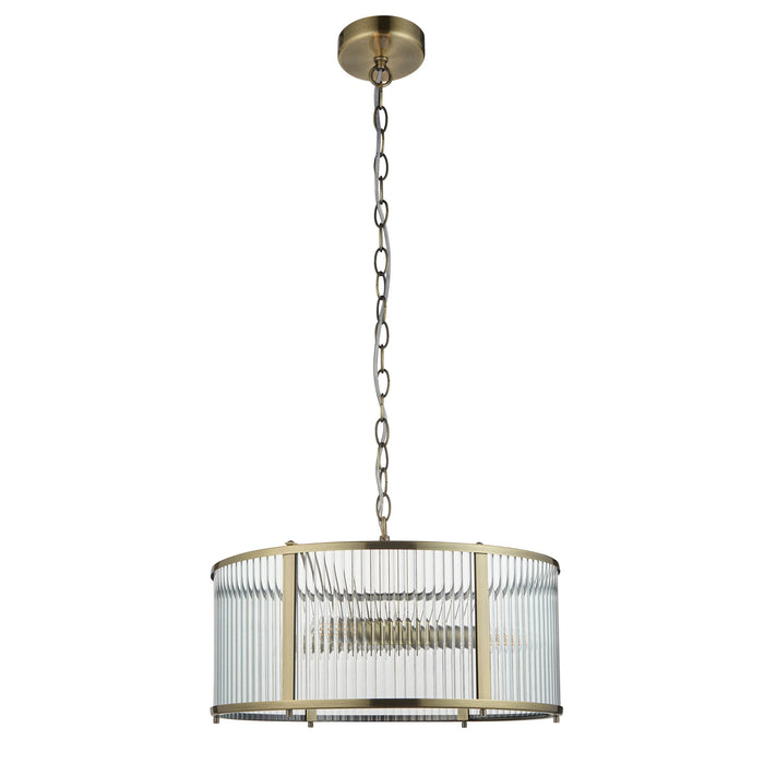 Endon 106282 Ridgeton 3lt Pendant Antique brass plate & clear ribbed glass 3 x 6W LED E14 (Required) - westbasedirect.com