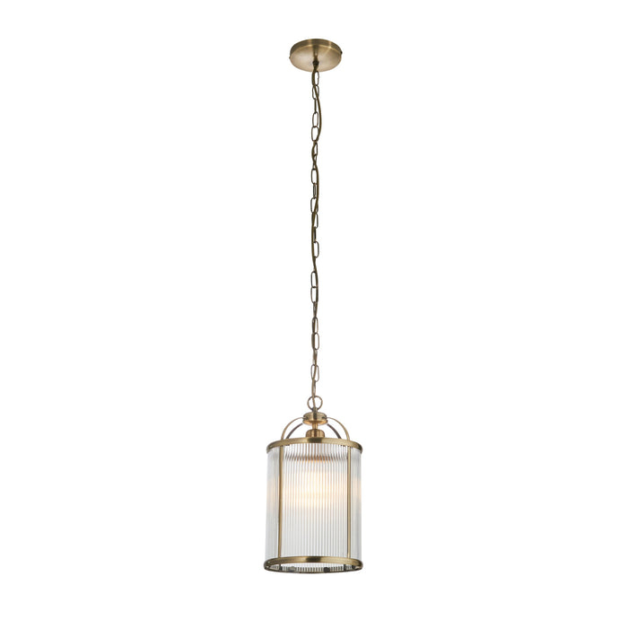 Endon 106710 Lambeth Ribbed 1lt Pendant Antique brass plate & clear ribbed glass 10W LED E27 (Required) - westbasedirect.com