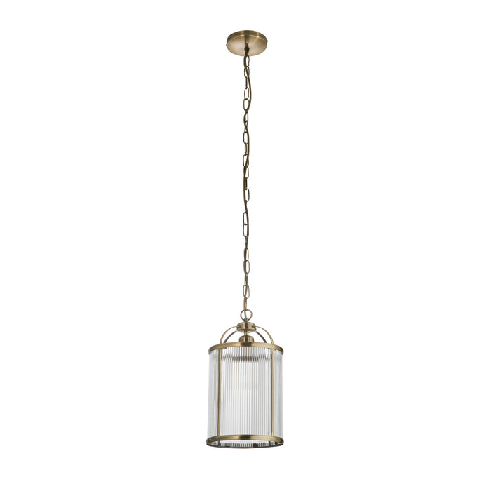 Endon 106710 Lambeth Ribbed 1lt Pendant Antique brass plate & clear ribbed glass 10W LED E27 (Required) - westbasedirect.com