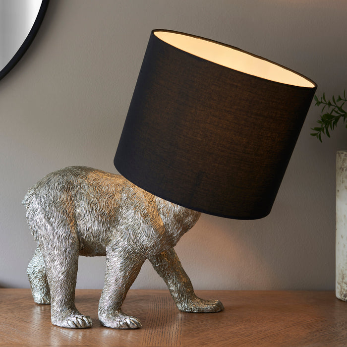 Endon 106788 Barack Bear 1lt Table Vintage silver paint & black fabric 10W LED E27 (Required) - westbasedirect.com