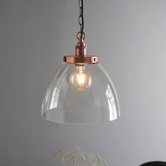 Endon 106895 Hansen Grand 1lt Pendant Aged copper plate & clear glass 10W LED E27 (Required) - westbasedirect.com