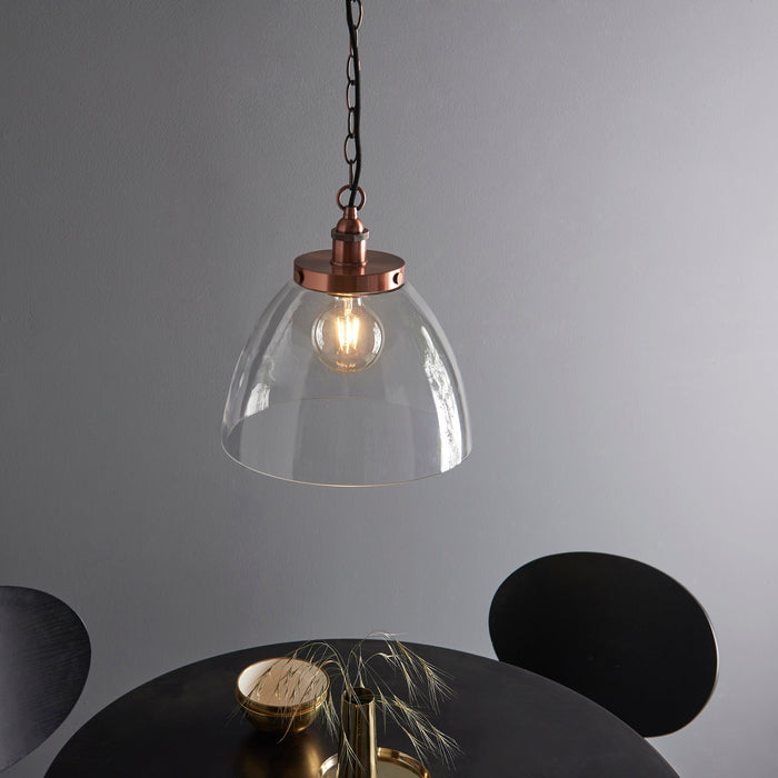 Endon 106895 Hansen Grand 1lt Pendant Aged copper plate & clear glass 10W LED E27 (Required) - westbasedirect.com