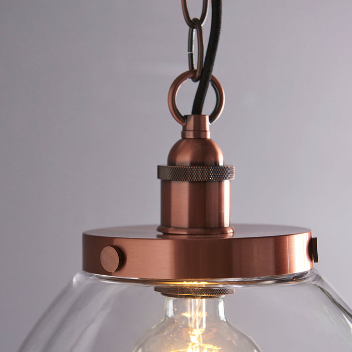 Endon 106895 Hansen Grand 1lt Pendant Aged copper plate & clear glass 10W LED E27 (Required) - westbasedirect.com