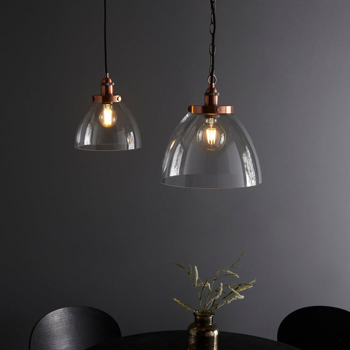 Endon 106895 Hansen Grand 1lt Pendant Aged copper plate & clear glass 10W LED E27 (Required) - westbasedirect.com