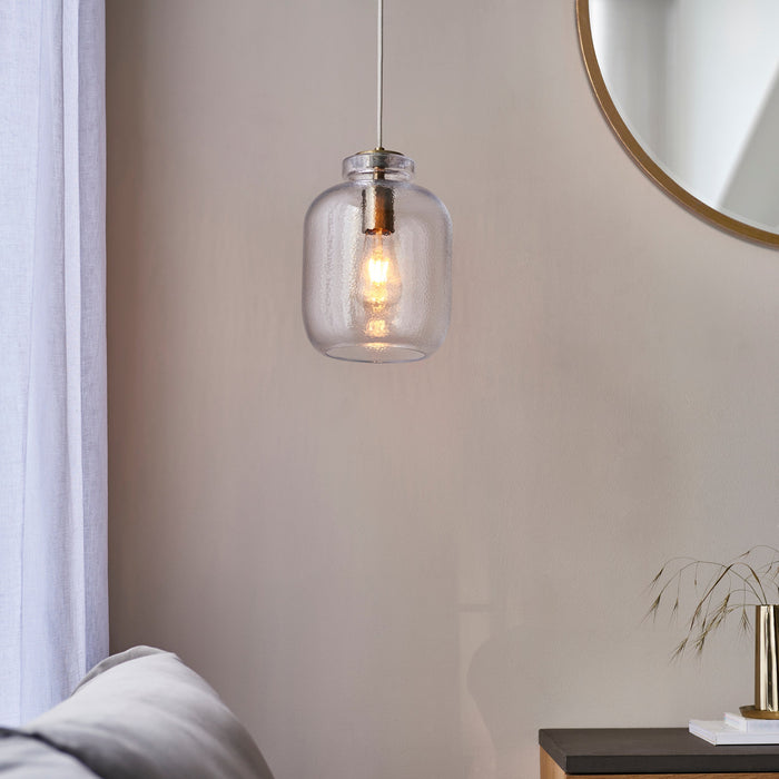 Endon 106923 Lyra 1lt Pendant Clear textured glass & antique brass plate 10W LED E27 (Required) - westbasedirect.com