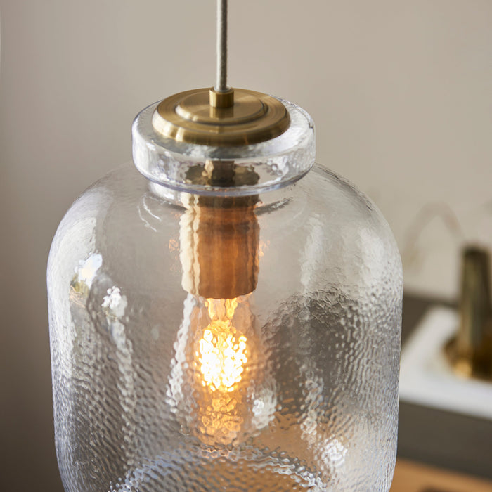 Endon 106923 Lyra 1lt Pendant Clear textured glass & antique brass plate 10W LED E27 (Required) - westbasedirect.com